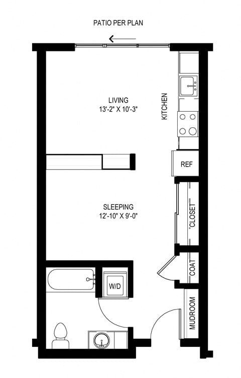 Floor plan for 1 bed, 1 bath, 484 sqft